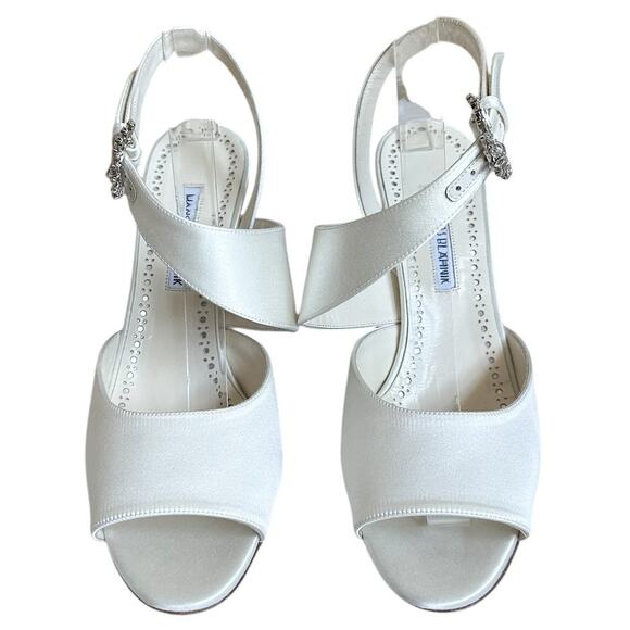 Manolo Blahnik White Satin Havelopa Crystal High Heel Sandal 40.5 - Picture 2 of 12
